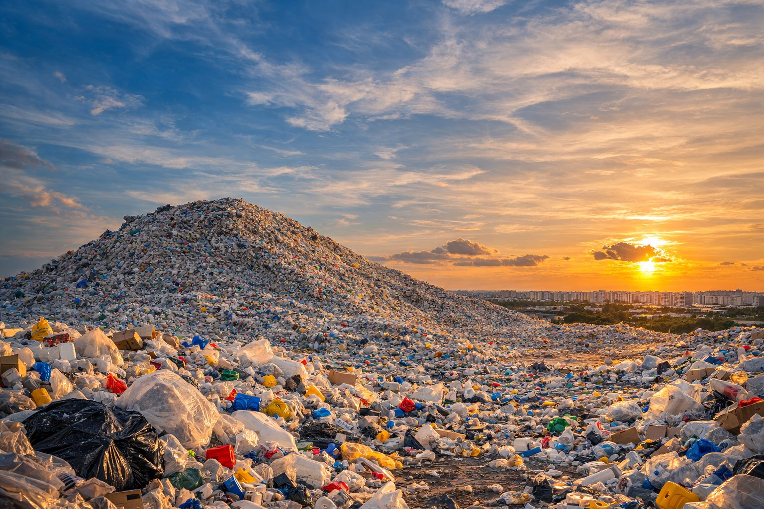 Landfill of mixed plastic packaging at sunset